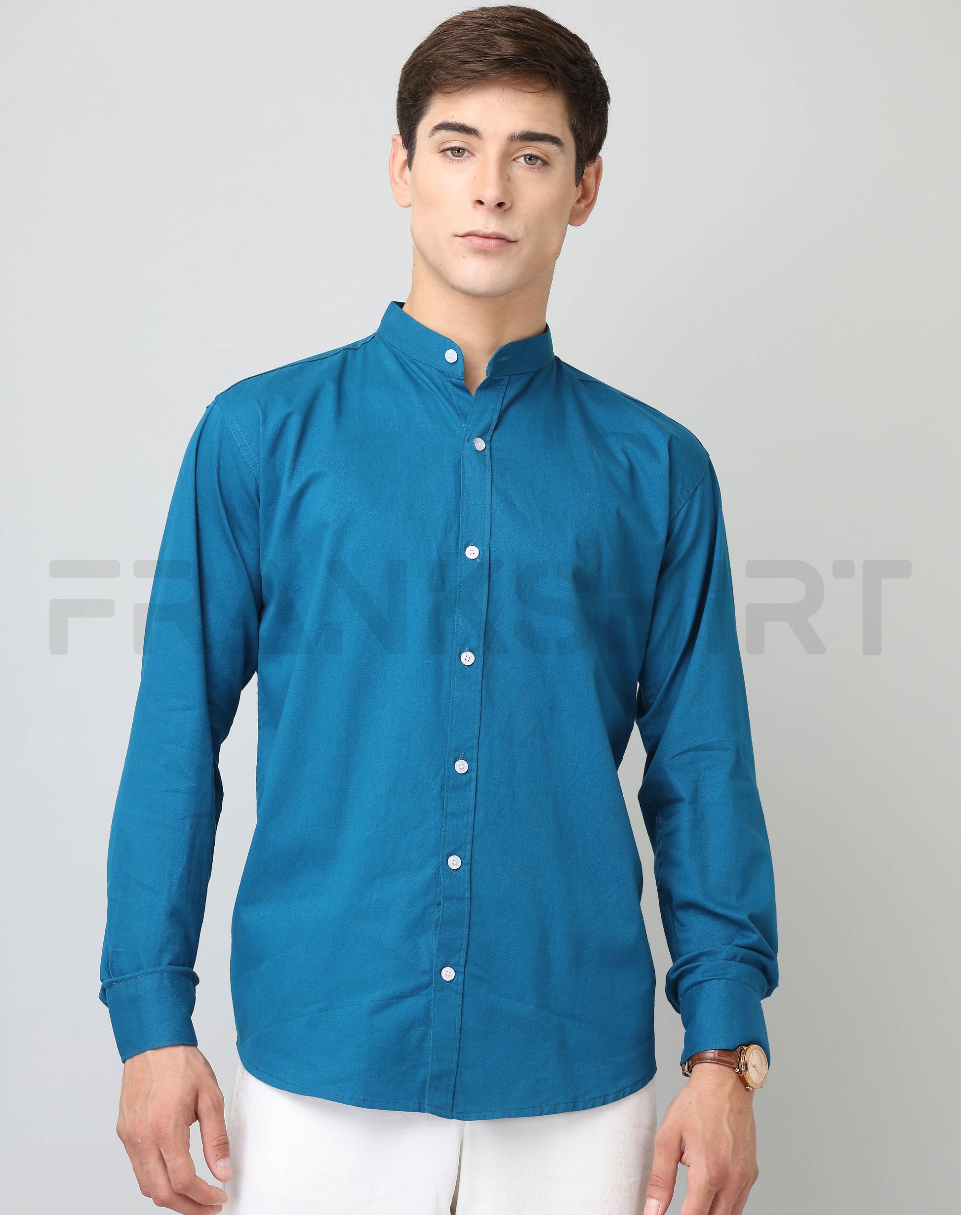 Frankshirt Chinese Collar Peacocke Blue Solid Tailored Fit Cotton Casual Shirt for Man