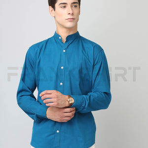 Frankshirt Chinese Collar Peacocke Blue Solid Tailored Fit Cotton Casual Shirt for Man