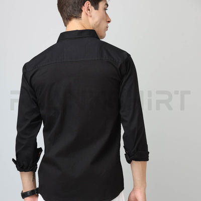 Frankshirt Double Pocket Black Solid Tailored Fit Cotton Casual Shirt for Man