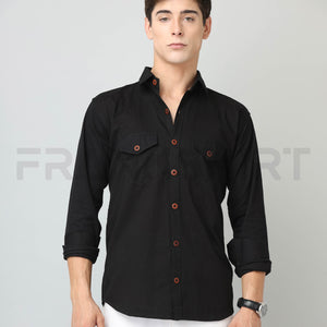 Frankshirt Double Pocket Black Solid Tailored Fit Cotton Casual Shirt for Man