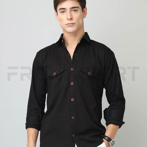 Frankshirt Double Pocket Black Solid Tailored Fit Cotton Casual Shirt for Man