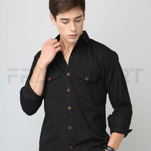 Frankshirt Double Pocket Black Solid Tailored Fit Cotton Casual Shirt for Man