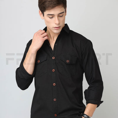 Frankshirt Double Pocket Black Solid Tailored Fit Cotton Casual Shirt for Man