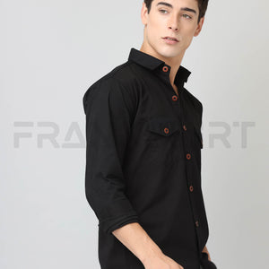 Frankshirt Double Pocket Black Solid Tailored Fit Cotton Casual Shirt for Man