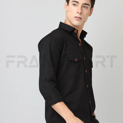 Frankshirt Double Pocket Black Solid Tailored Fit Cotton Casual Shirt for Man