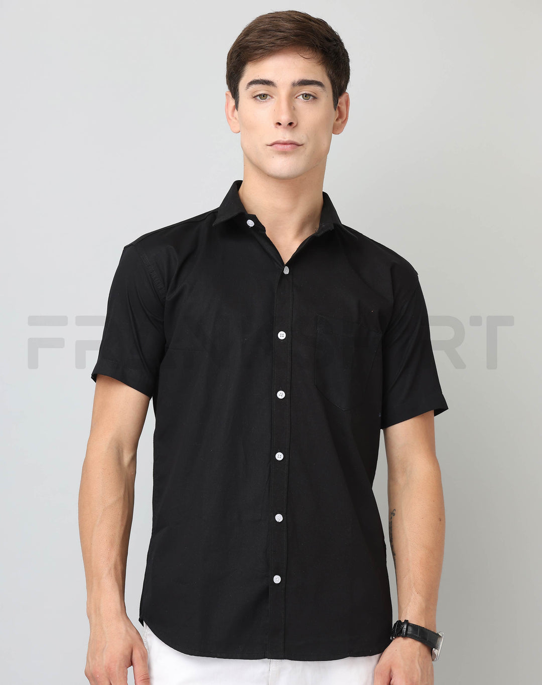 Frankshirt Half Sleeve Black Tailored Fit Cotton Casual Shirt for Man