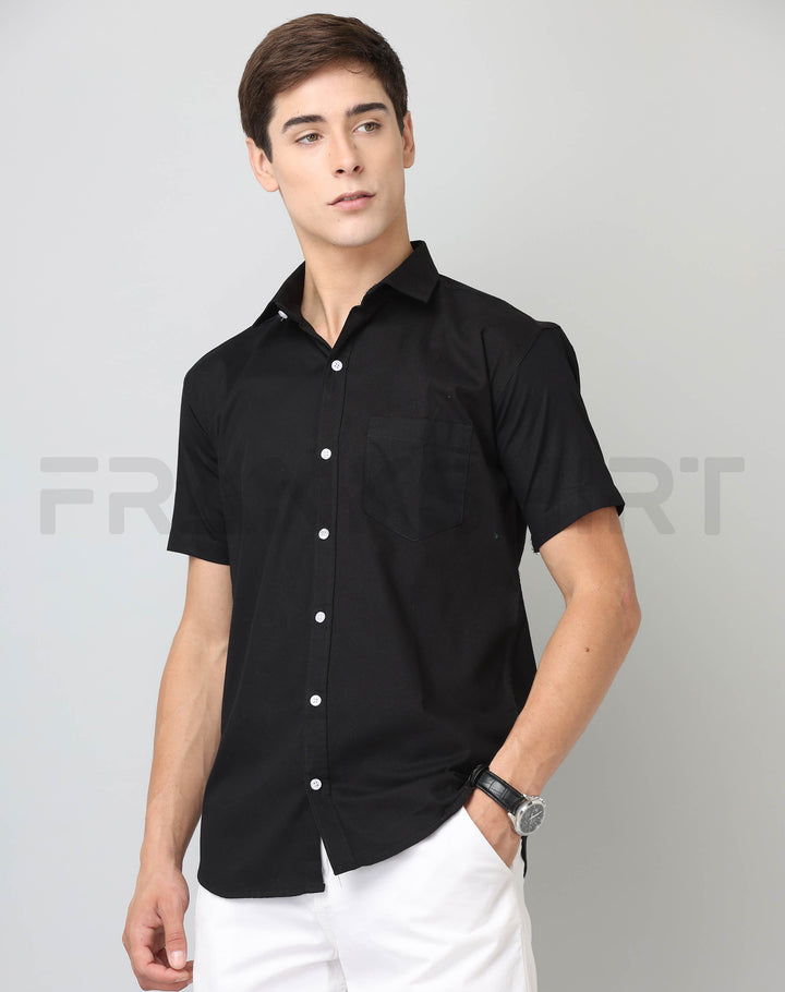 Frankshirt Half Sleeve Black Tailored Fit Cotton Casual Shirt for Man