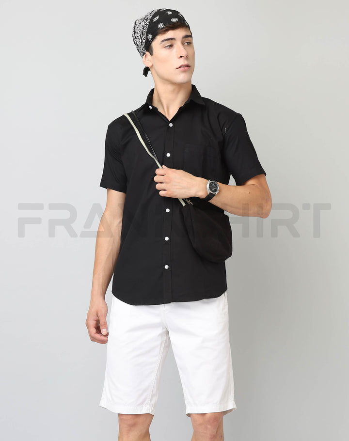 Frankshirt Half Sleeve Black Tailored Fit Cotton Casual Shirt for Man