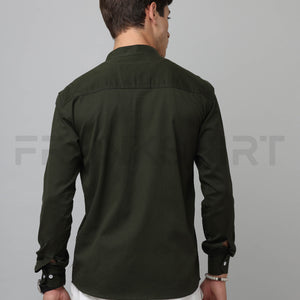Frankshirt Chinese Collar Bottle Green Tailored Fit Cotton Casual Shirt for Man