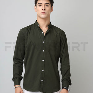 Frankshirt Chinese Collar Bottle Green Tailored Fit Cotton Casual Shirt for Man