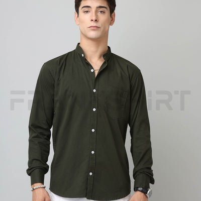 Frankshirt Chinese Collar Bottle Green Tailored Fit Cotton Casual Shirt for Man