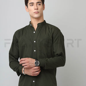 Frankshirt Chinese Collar Bottle Green Tailored Fit Cotton Casual Shirt for Man