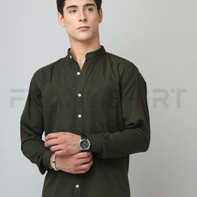 Frankshirt Chinese Collar Bottle Green Tailored Fit Cotton Casual Shirt for Man