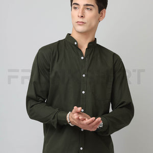 Frankshirt Chinese Collar Bottle Green Tailored Fit Cotton Casual Shirt for Man