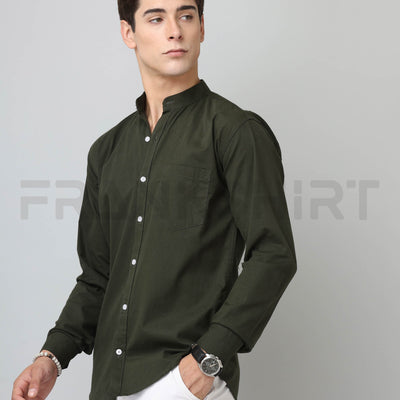 Frankshirt Chinese Collar Bottle Green Tailored Fit Cotton Casual Shirt for Man