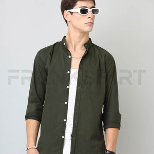 Frankshirt Chinese Collar Bottle Green Tailored Fit Cotton Casual Shirt for Man