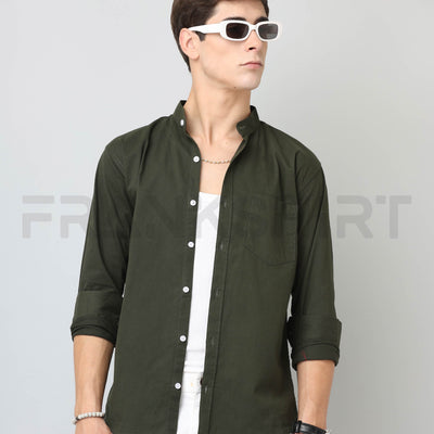 Frankshirt Chinese Collar Bottle Green Tailored Fit Cotton Casual Shirt for Man