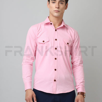 Frankshirt Double Pocket Pink Solid Tailored Fit Cotton Casual Shirt for Man