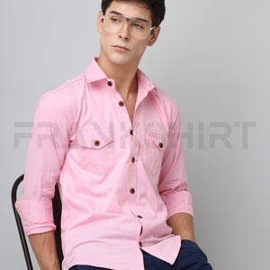 Frankshirt Double Pocket Pink Solid Tailored Fit Cotton Casual Shirt for Man