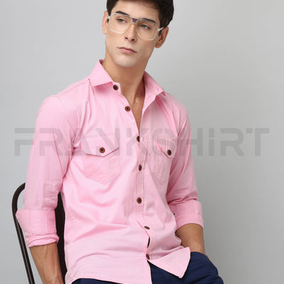 Frankshirt Double Pocket Pink Solid Tailored Fit Cotton Casual Shirt for Man