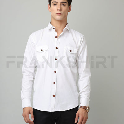 Frankshirt Double Pocket White Solid Tailored Fit Cotton Casual Shirt for Man