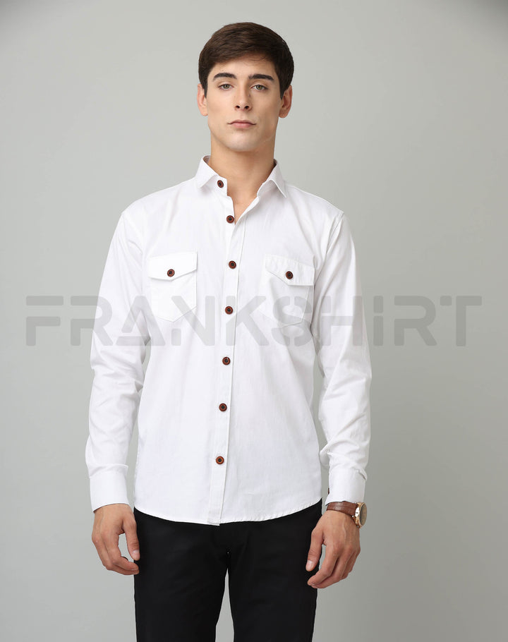 Frankshirt Double Pocket White Solid Tailored Fit Cotton Casual Shirt for Man