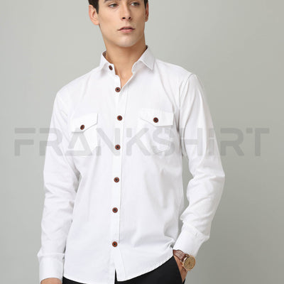 Frankshirt Double Pocket White Solid Tailored Fit Cotton Casual Shirt for Man