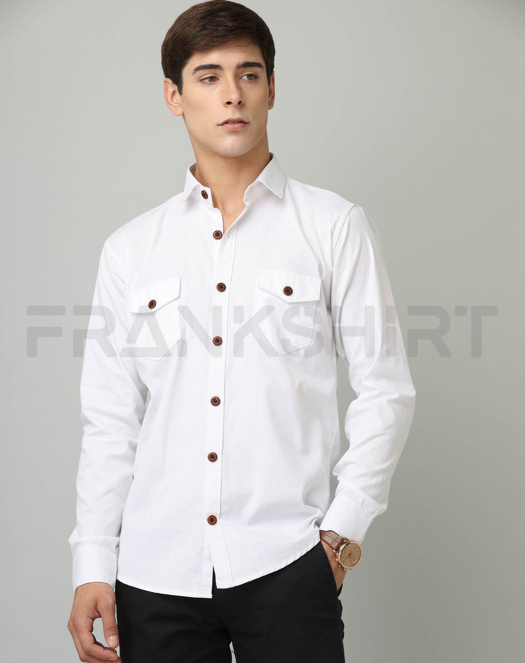 Frankshirt Double Pocket White Solid Tailored Fit Cotton Casual Shirt for Man