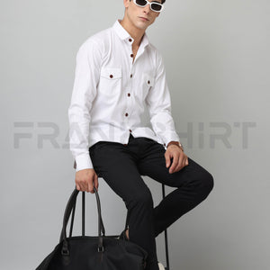 Frankshirt Double Pocket White Solid Tailored Fit Cotton Casual Shirt for Man