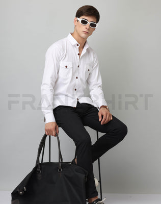 Frankshirt Double Pocket White Solid Tailored Fit Cotton Casual Shirt for Man