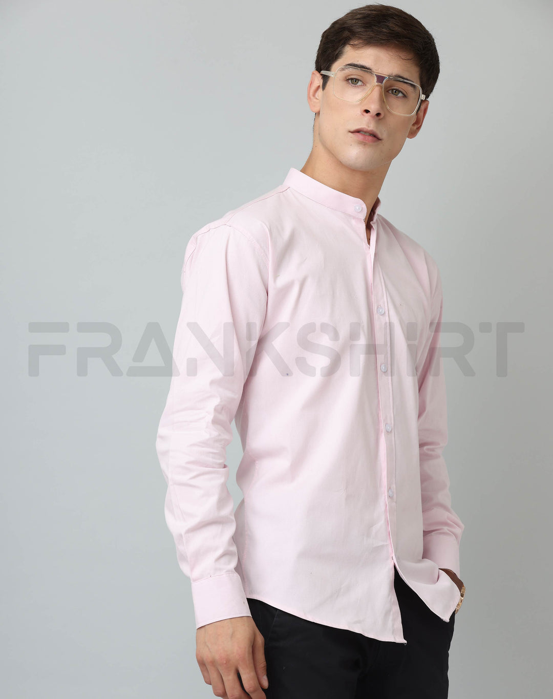 Frankshirt Chinese Collar Light Pink Tailored Fit Cotton Casual Shirt for Man