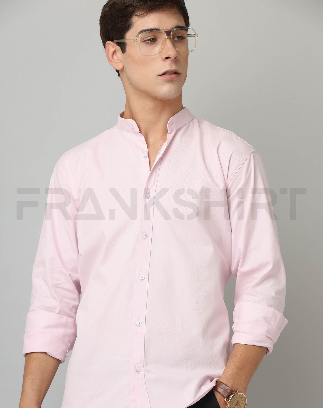 Frankshirt Chinese Collar Light Pink Tailored Fit Cotton Casual Shirt for Man