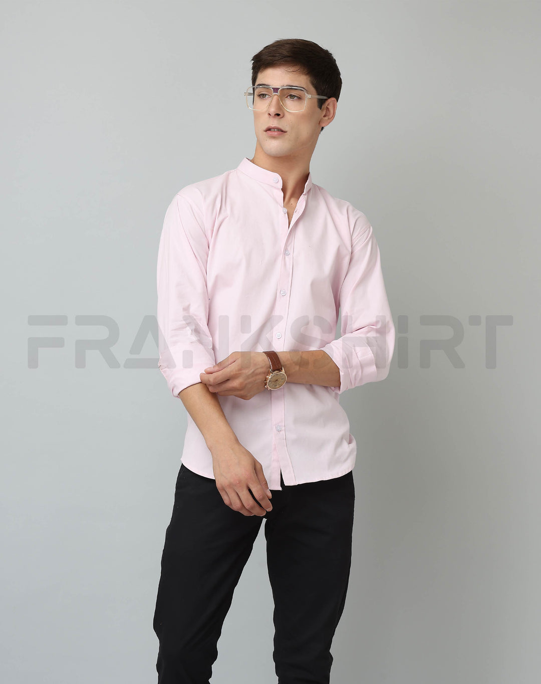 Frankshirt Chinese Collar Light Pink Tailored Fit Cotton Casual Shirt for Man