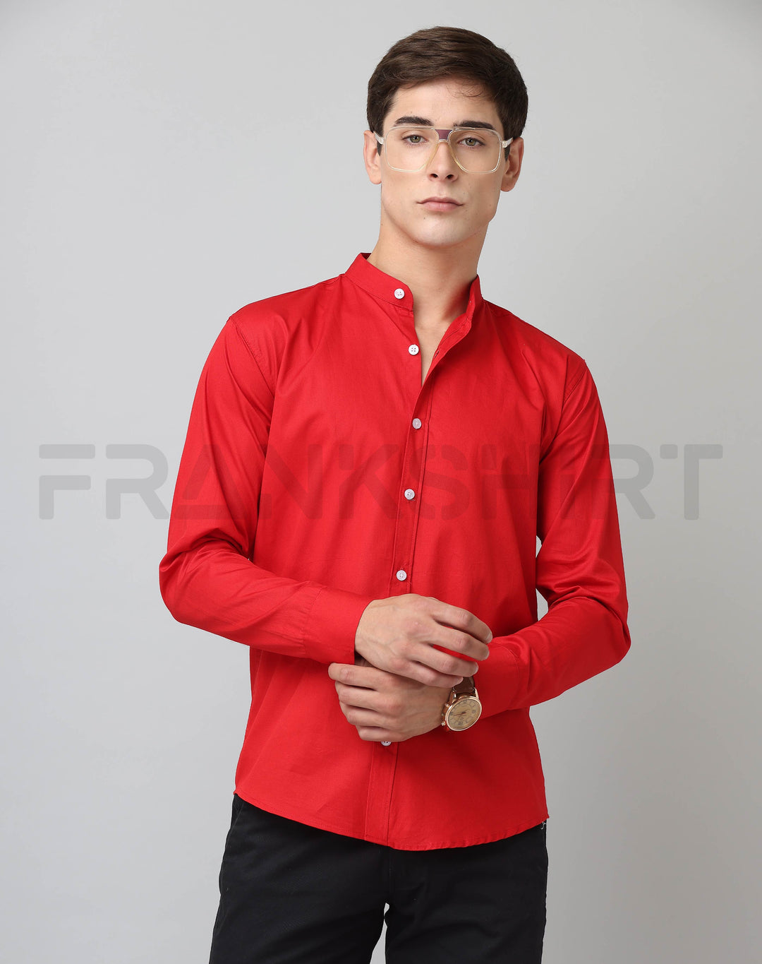 Frankshirt Chinese Collar Red Tailored Fit Cotton Casual Shirt for Man