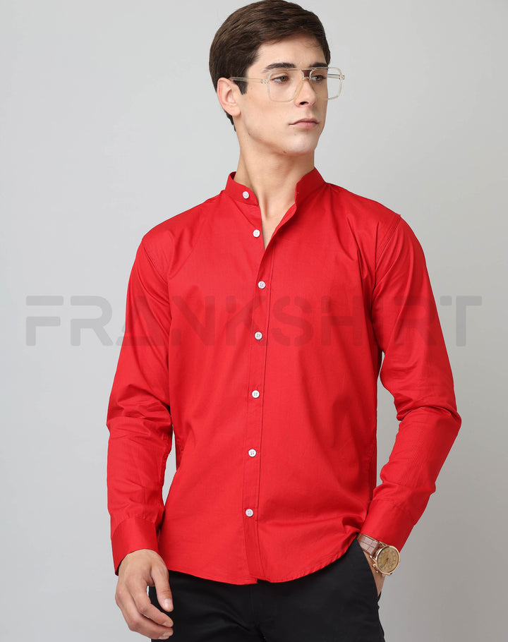 Frankshirt Chinese Collar Red Tailored Fit Cotton Casual Shirt for Man