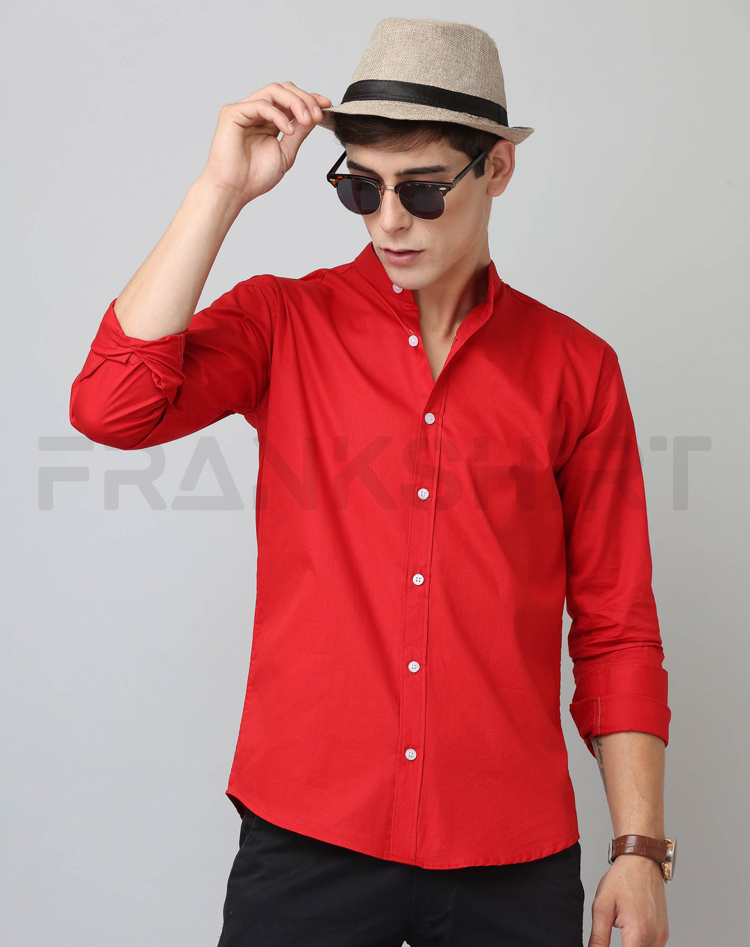 Frankshirt Chinese Collar Red Tailored Fit Cotton Casual Shirt for Man