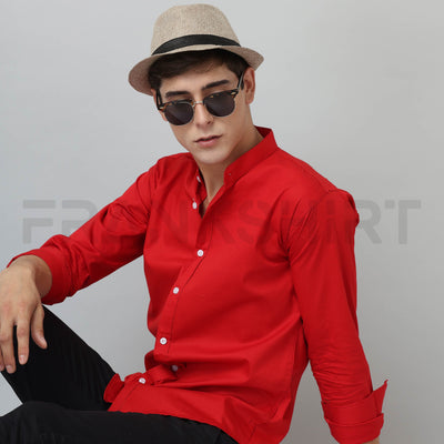 Frankshirt Chinese Collar Red Tailored Fit Cotton Casual Shirt for Man