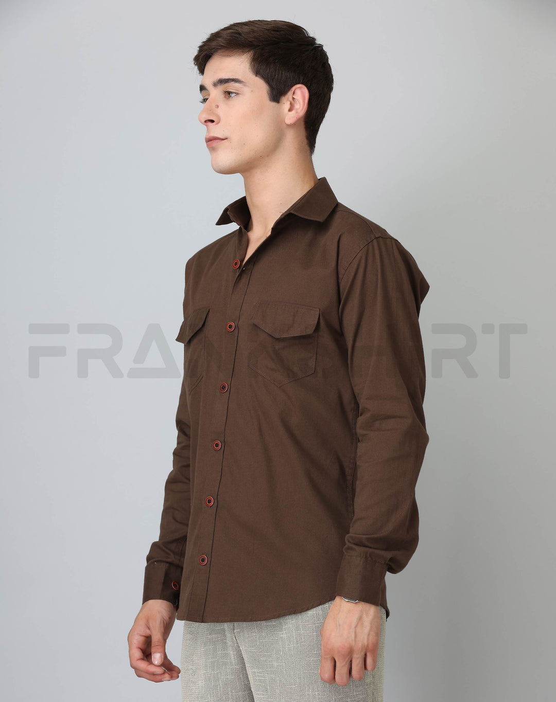 Frankshirt Double Pocket Mehandi Solid Tailored Fit Cotton Casual Shirt for Man