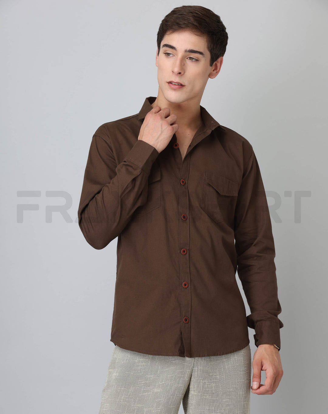 Frankshirt Double Pocket Mehandi Solid Tailored Fit Cotton Casual Shirt for Man