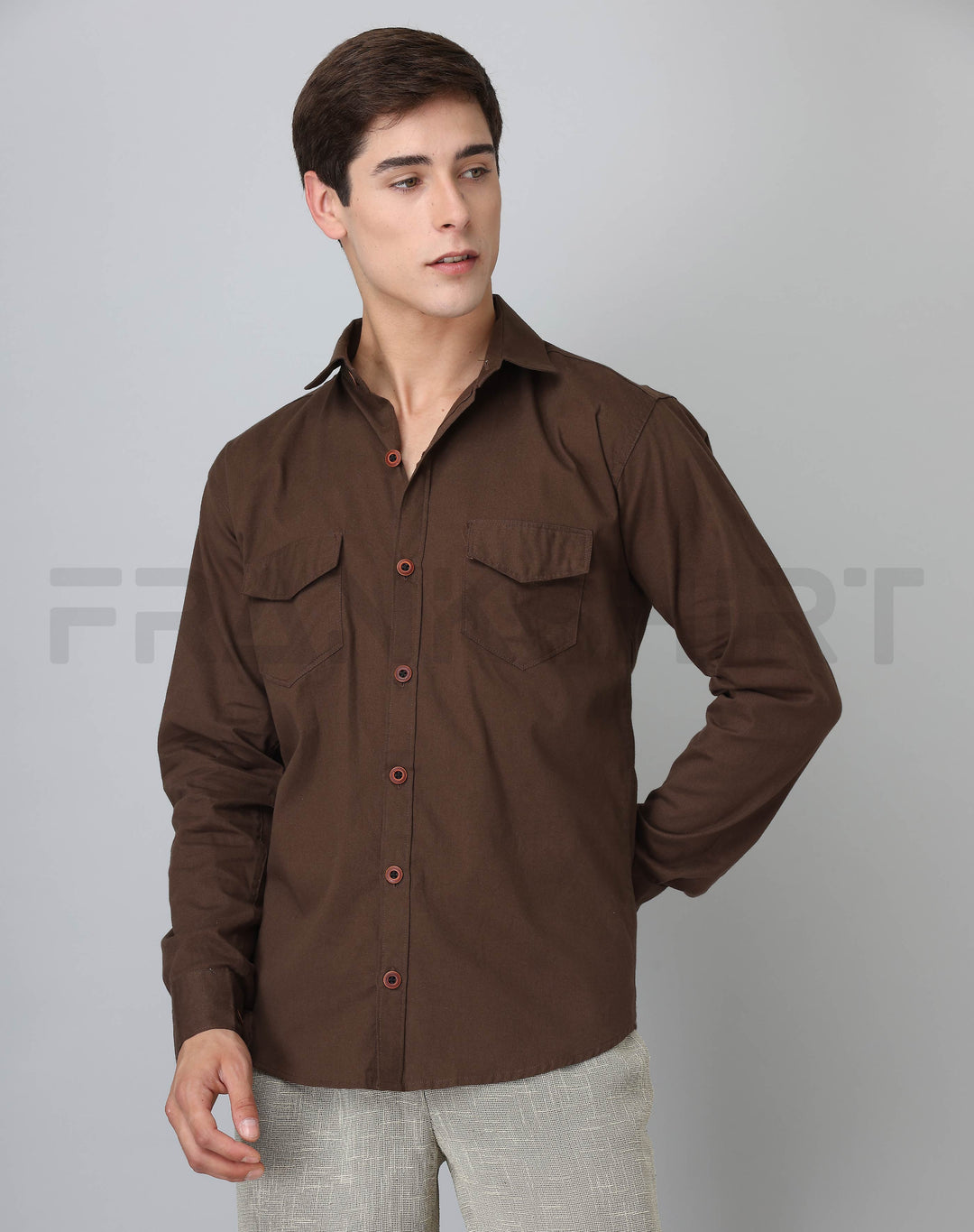 Frankshirt Double Pocket Mehandi Solid Tailored Fit Cotton Casual Shirt for Man