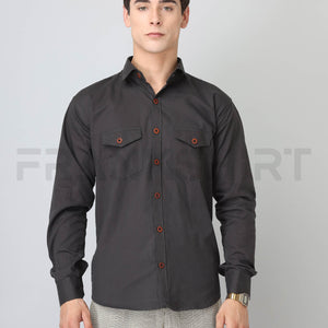 Frankshirt Double Pocket Dark Grey Solid Tailored Fit Cotton Casual Shirt for Man