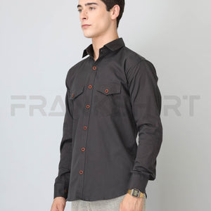 Frankshirt Double Pocket Dark Grey Solid Tailored Fit Cotton Casual Shirt for Man