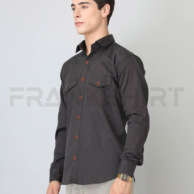 Frankshirt Double Pocket Dark Grey Solid Tailored Fit Cotton Casual Shirt for Man