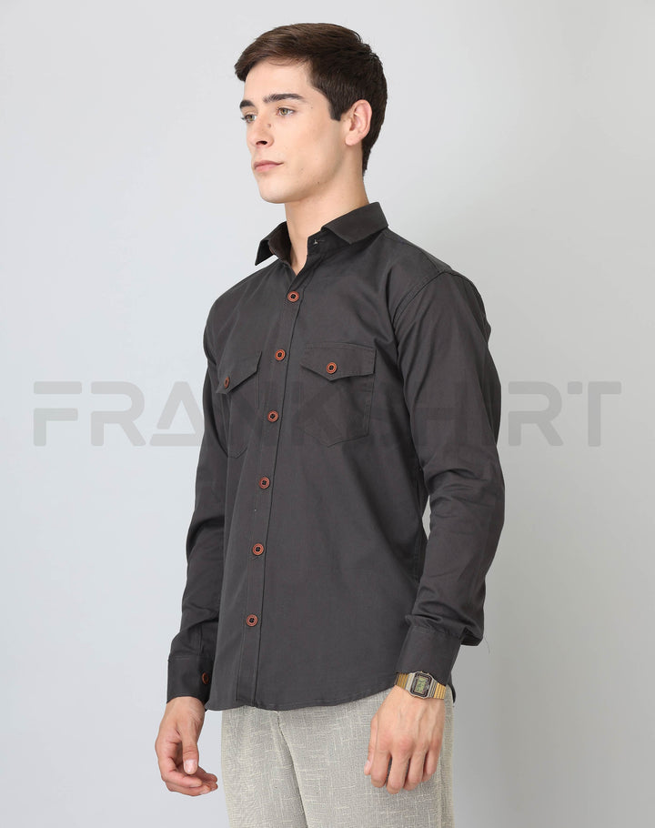 Frankshirt Double Pocket Dark Grey Solid Tailored Fit Cotton Casual Shirt for Man