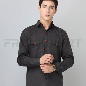 Frankshirt Double Pocket Dark Grey Solid Tailored Fit Cotton Casual Shirt for Man