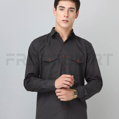 Frankshirt Double Pocket Dark Grey Solid Tailored Fit Cotton Casual Shirt for Man
