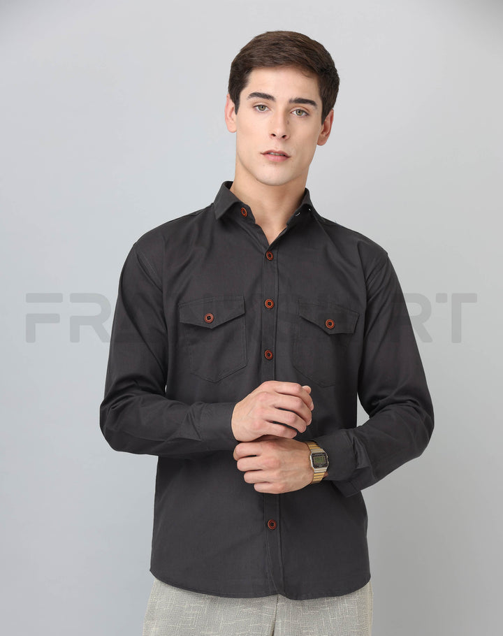 Frankshirt Double Pocket Dark Grey Solid Tailored Fit Cotton Casual Shirt for Man