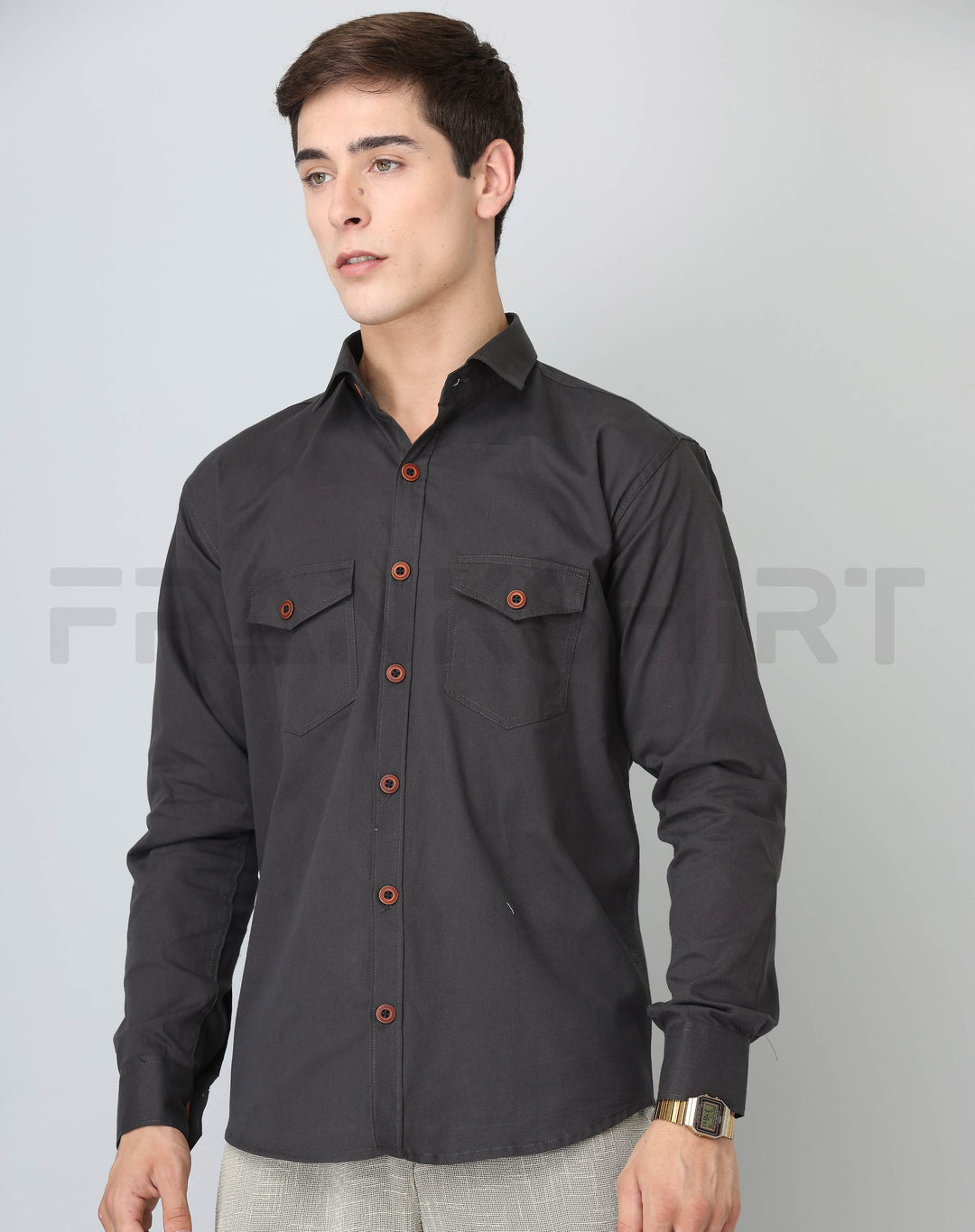 Frankshirt Double Pocket Dark Grey Solid Tailored Fit Cotton Casual Shirt for Man