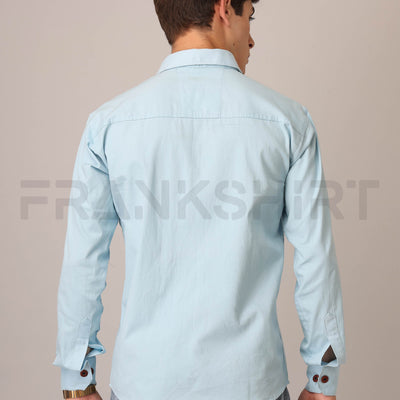 Frankshirt Double Pocket Light Blue Solid Tailored Fit Cotton Casual Shirt for Man