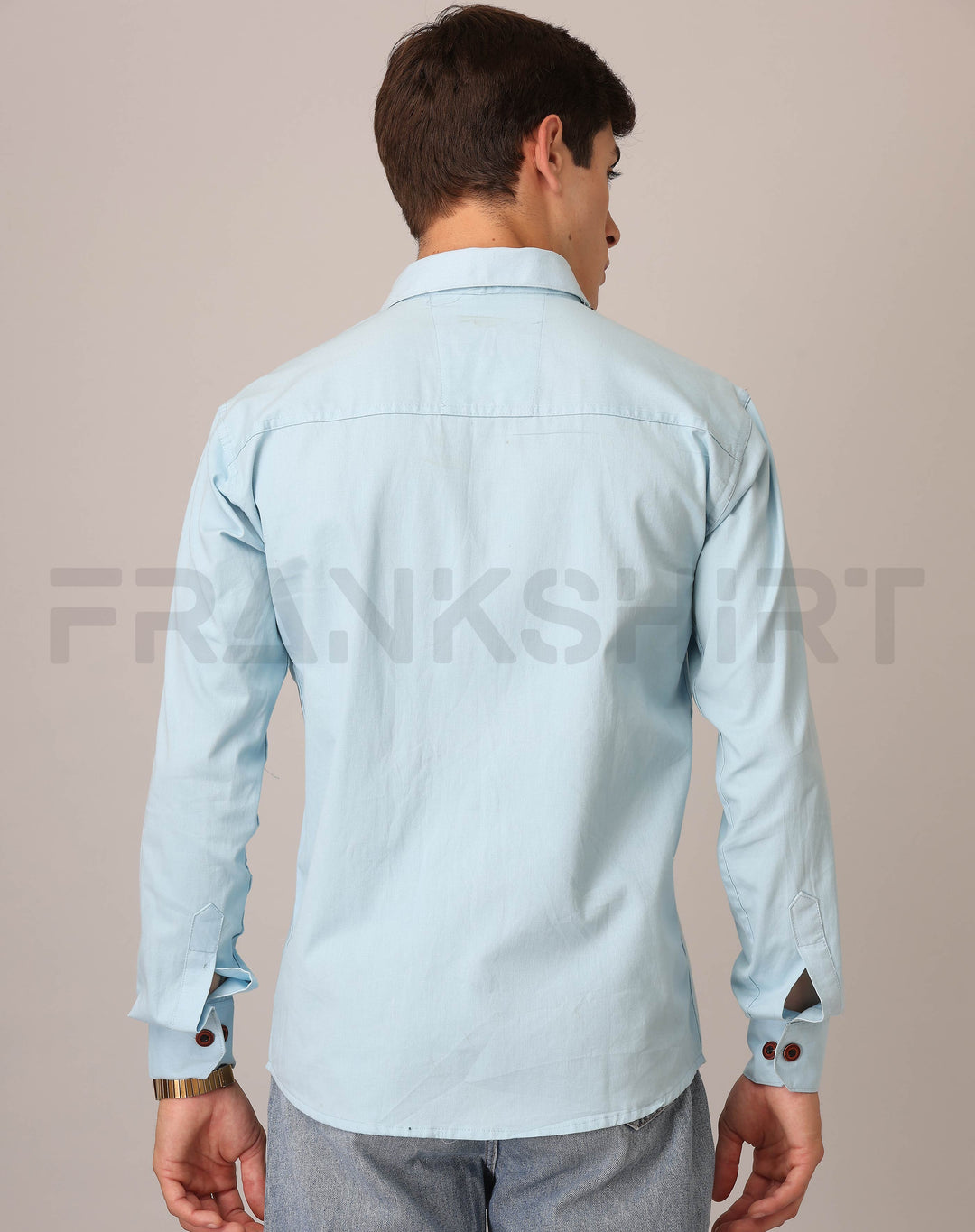 Frankshirt Double Pocket Light Blue Solid Tailored Fit Cotton Casual Shirt for Man